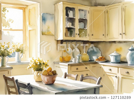 A relaxing country kitchen painted in watercolors 127110289