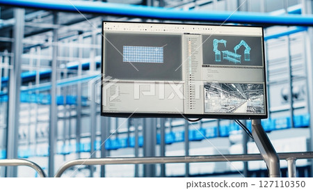 Monitor in industry 4.0 smart industrial plant equipped with advanced sensors, embedded software and robotics that collect and analyze data, allowing for better decision making Monitor in industry 4.0 smart industrial plant equipped with advanced sensors, embedded software and robotics that collect and analyze data, allowing for better decision making 127110350