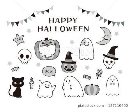 Halloween illustration set: Jack-o'-lantern, ghost, black cat, skeleton, sweets 127110400