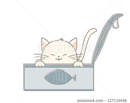 Illustration of a white cat peeking out of a tuna can Illustration of a white cat peeking out of a tuna can 127110486