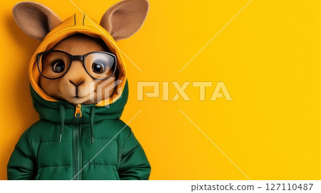 Cute kangaroo in green jacket with yellow hood and glasses on yellow background, copy space 127110487
