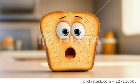 Anthropomorphic surprised slice of toast on kitchen counter with wide eyed Anthropomorphic surprised slice of toast on kitchen counter with wide eyed 127110503