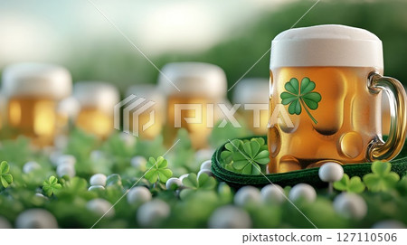 Mugs of freshly brewed beer in field of shamrock, with copy space  127110506