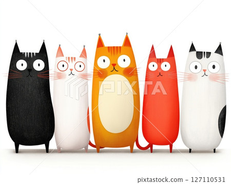 Playful and colorful cartoon cats standing together in a whimsical arrangement art concept Playful and colorful cartoon cats standing together in a whimsical arrangement art concept 127110531