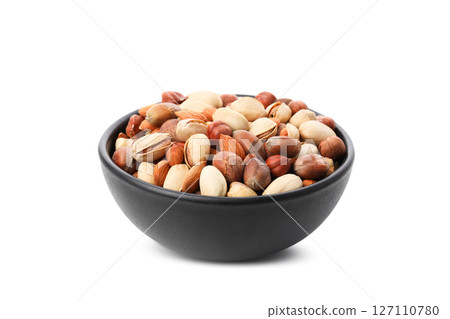 PNG, Assorted nuts in black bowls, isolated on white background 127110780