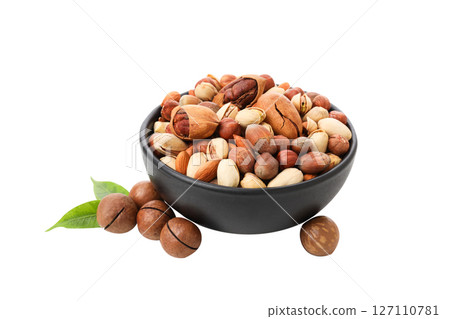 PNG, Assorted nuts in black bowls, isolated on white background 127110781