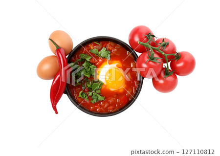 PNG, Shakshuka with fresh tomatoes and eggs, isolated on white background 127110812