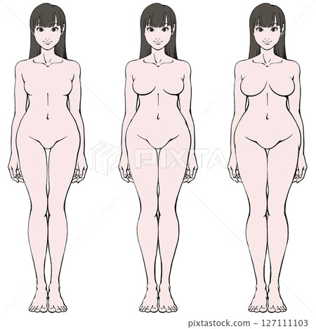 Young woman's full body front standing pose _ naked _ comparison 127111103