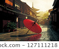 Rain in Kyoto, Japanese umbrella and five-story pagoda 127111218