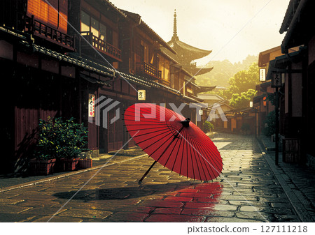 Rain in Kyoto, Japanese umbrella and five-story pagoda 127111218