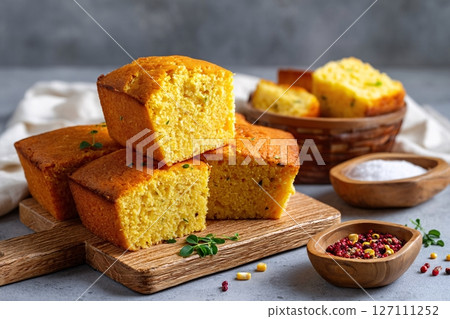 tempting cornbread in the rustic corner on a white background, in a clean food photography style 127111252