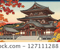 Appearance on an autumn day - A stately shrine and a colorful three-story pagoda 127111288