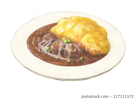Beef stew omelet rice watercolor pencil illustration 127111572