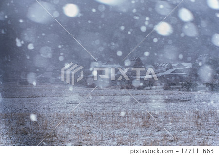 This photo was taken in Miyama-cho, Nantan-shi, Kyoto, in thatched roof village covered with snow. This photo was taken in Miyama-cho, Nantan-shi, Kyoto, in thatched roof village covered with snow. 127111663