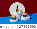 Minimalist creative background for cosmetics or products presentation with space for design label. Three cosmetic mockup bottles decorated with white geometries podiums on color background 127111992