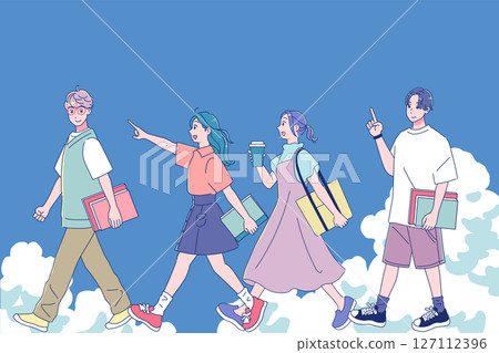 男人和女人快樂積極地散步,夏日雲彩背景 男人和女人快樂積極地散步,夏日雲彩背景 127112396