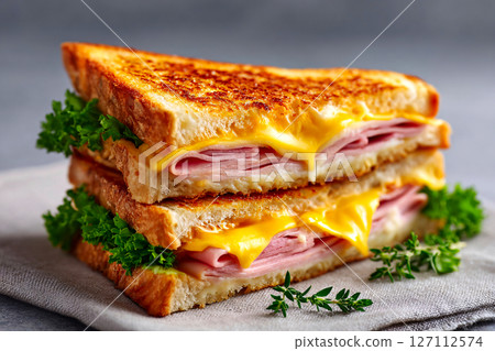 tempting ham and cheese sandwich in the sunny corner on a light gray background 127112574