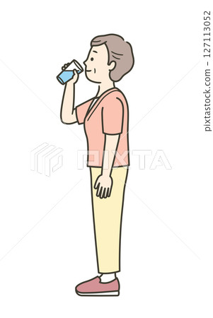 Full-body illustration of a senior woman drinking water 127113052