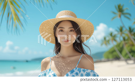 Woman wearing a straw hat and a tropical beach 127113053