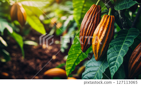 A close-up of vibrant ripe cacao pods hanging from a tree with lush green leaves and warm sunlight filtering through in a tropical plantation A close-up of vibrant ripe cacao pods hanging from a tree with lush green leaves and warm sunlight filtering through in a tropical plantation 127113065