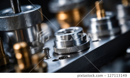 Close-up of precision machined metal parts with intricate details and metallic finish 127113149