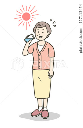 Full-body illustration of a senior woman hydrating in the scorching heat Full-body illustration of a senior woman hydrating in the scorching heat 127113454