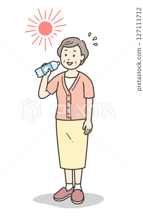 一位高級婦女在酷熱的烈日下補水的全身插圖 一位高級婦女在酷熱的烈日下補水的全身插圖 127113712