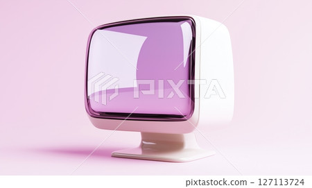 Retro futuristic tv with purple screen and minimalist design on pink background 127113724