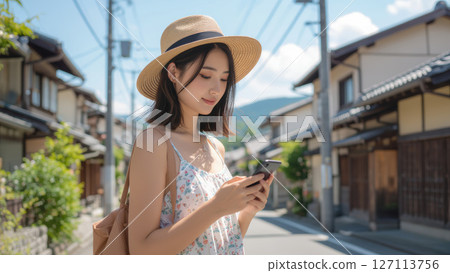 一位戴著草帽的女子在傳統街道上操作智慧型手機 127113756