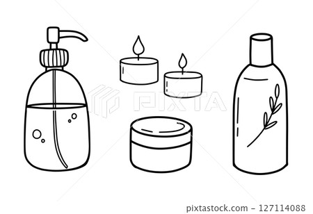Soap, candles, cream hand drawn in doodle style. Vector line art illustrations set 127114088
