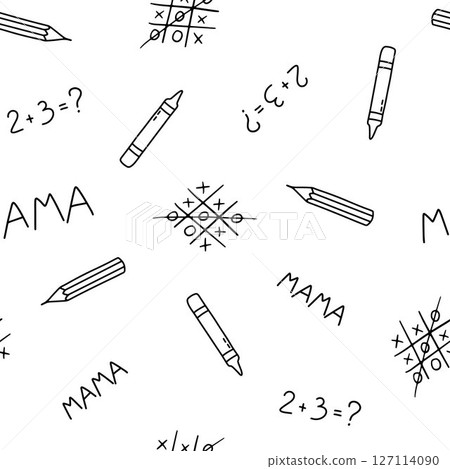 Seamless pattern with cute children pencil inscriptions. Vector outline monochrome doodle illustrations on white background for kids and nursery Seamless pattern with cute children pencil inscriptions. Vector outline monochrome doodle illustrations on white background for kids and nursery 127114090