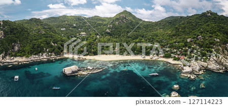 erial Panoramic View of Tropical Island Beach with Turquoise Sea and Lush Green Mountains erial Panoramic View of Tropical Island Beach with Turquoise Sea and Lush Green Mountains 127114223