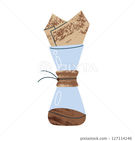 Vector illustration of home coffee brewing with pour over glass coffee maker and paper filter. Cozy ritual icon, slow process, flat cartoon handmade drink, filter coffee preparation at home Vector illustration of home coffee brewing with pour over glass coffee maker and paper filter. Cozy ritual icon, slow process, flat cartoon handmade drink, filter coffee preparation at home 127114246