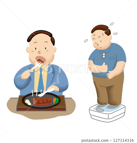 一名中年男子因暴飲暴食而擔心自己的體重 127114316