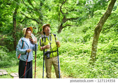 Hydration, heat stroke prevention, hiking, trekking, seniors, walking, mountain climbing 127114358