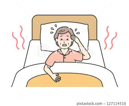 一位睡在床上的老年婦女在熱帶夜晚入睡困難的插圖 127114510
