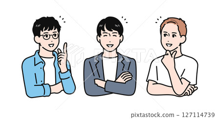 一個簡單的向量插圖，一個年輕人微笑著和朋友交談 127114739