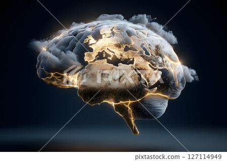 Aerial view of Earth resembling giant brain, illuminated with glowing neural connections, symbolizing intelligence and connectivity 127114949