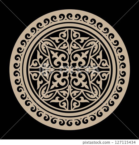 Vector gold ornament in Kazakh style isolated on white background. Nomadic ornament. Ornamental element, Kazakh, Kyrgyz, Uzbek motif. Ethnic decorative element. For decoration of clothes, yurt. Circle Vector gold ornament in Kazakh style isolated on white background. Nomadic ornament. Ornamental element, Kazakh, Kyrgyz, Uzbek motif. Ethnic decorative element. For decoration of clothes, yurt. Circle 127115434