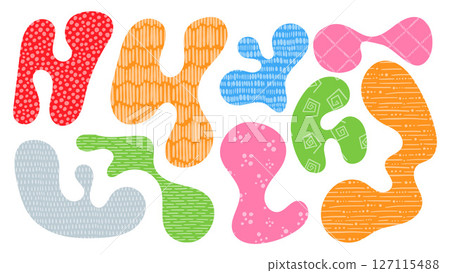 Colorful organic shapes create a playful composition with irregular blobs and patterns Colorful organic shapes create a playful composition with irregular blobs and patterns 127115488