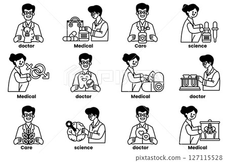 A series of black and white drawings of people in medical professions 127115528