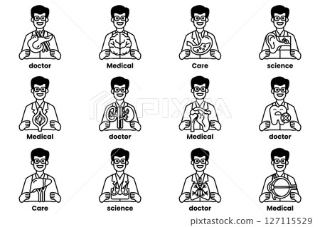 A series of cartoonish drawings of men holding up various items 127115529