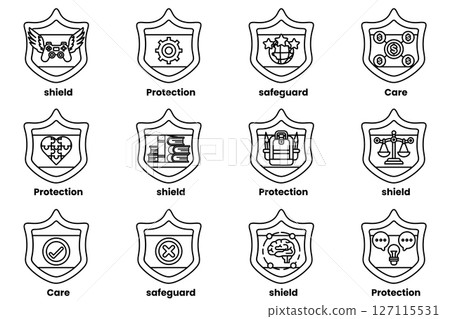 The image is a collection of shields with various symbols and words on them 127115531