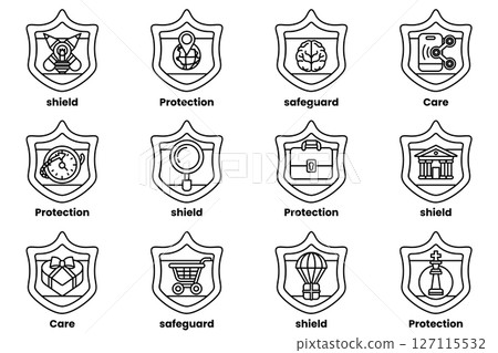 A set of 12 shields with various symbols and words on them 127115532