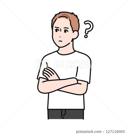 Illustration material of a young man wearing a T-shirt thinking 127116005