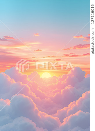 Dreamy sunrise above fluffy clouds in a magical sky. Warm golden sunlight, heaven background 127116016