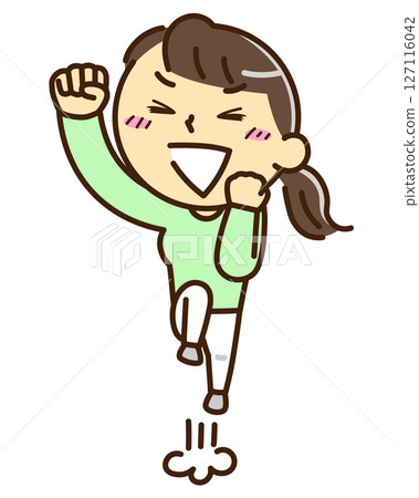 A woman jumping in joy while making a fist pump 127116042