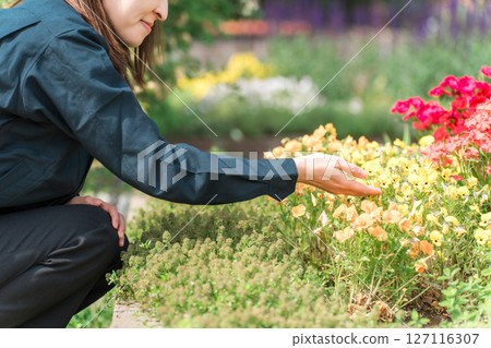 A woman in work clothes from the landscaping and park management department checking the flower beds in the park 127116307