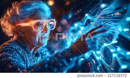 An old woman interacts with a neural network display and the glowing connections of AI. The concept of technology, and the fusion of human intellect with advanced machine learning. Generative AI. 127116372