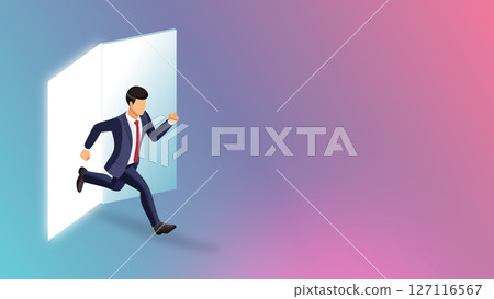 Illustration of a businessman jumping out of an open door into space 127116567
